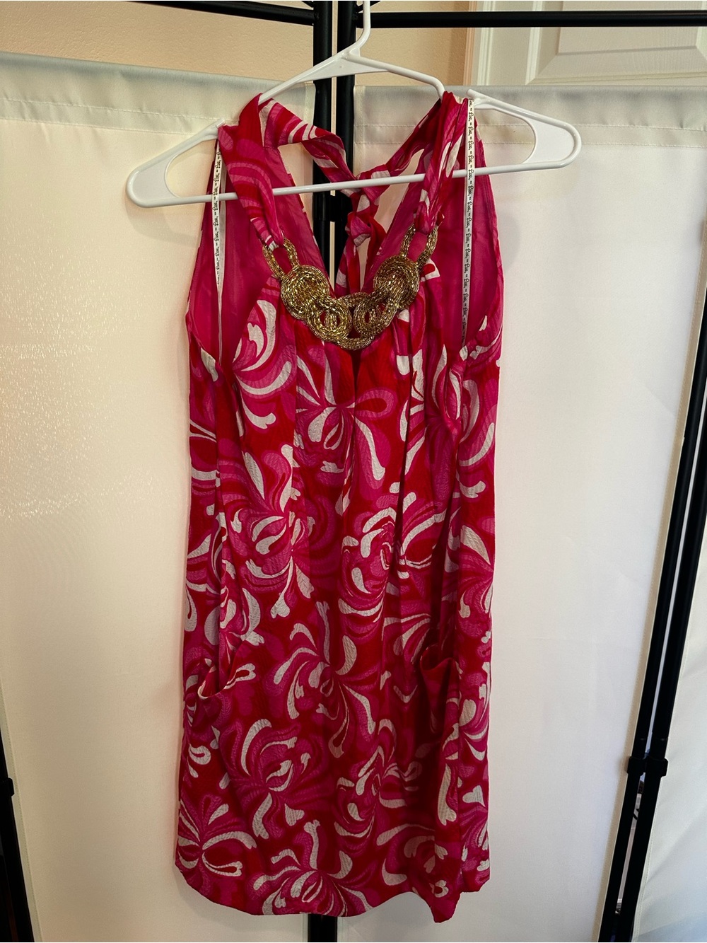 Lilly Pulitzer 100% silk hot pink Halter Dress with Gold Accent